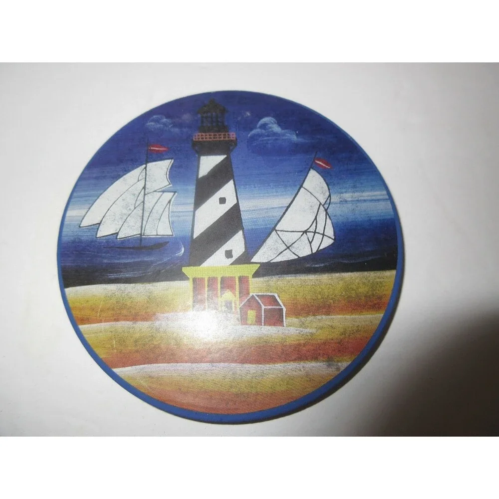 Set of 4 Lighthouse Theme Coasters in Ceramic Holder Beach House Ocean